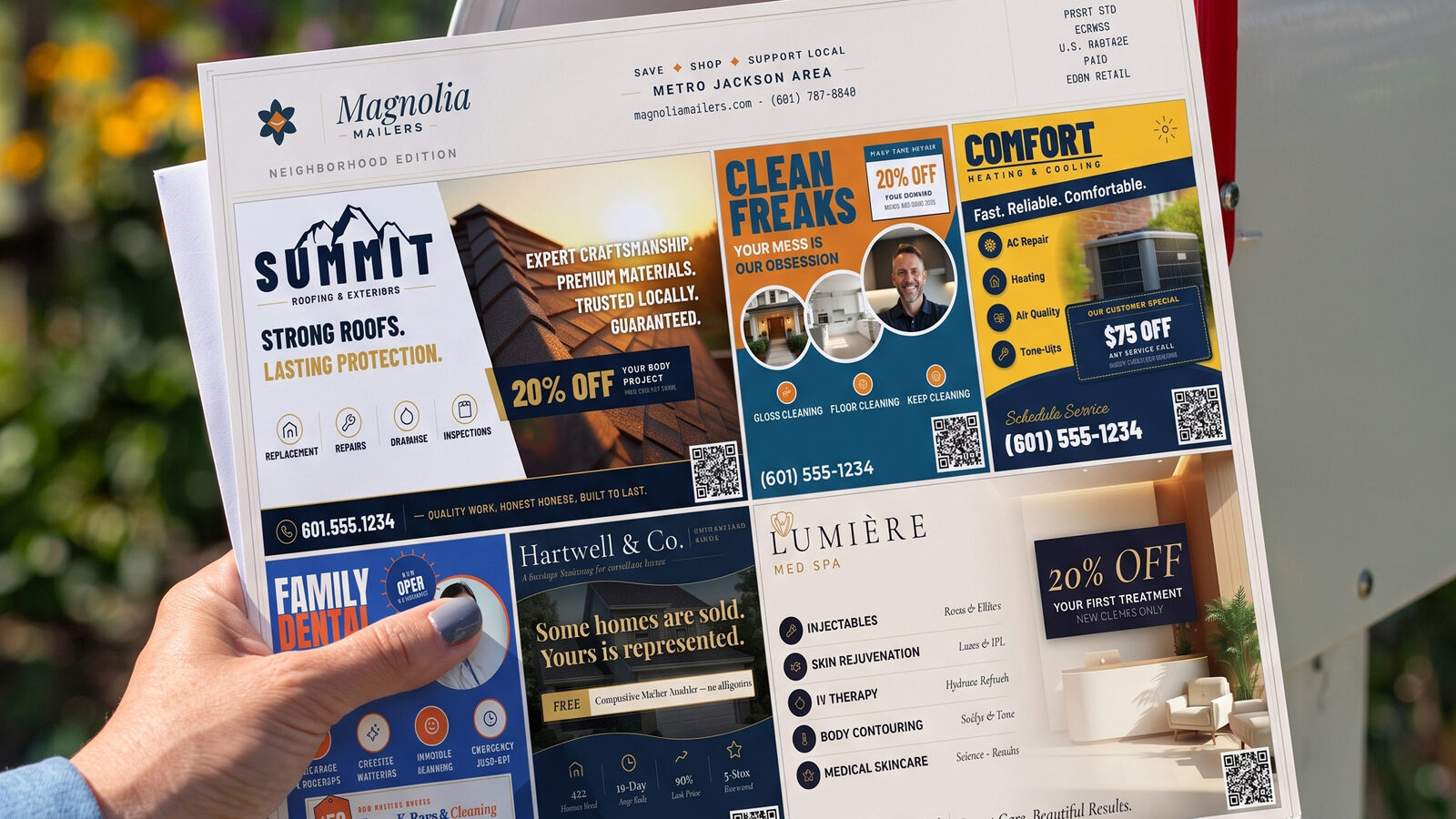 A hand lifting a Magnolia Mailers card out of a mailbox