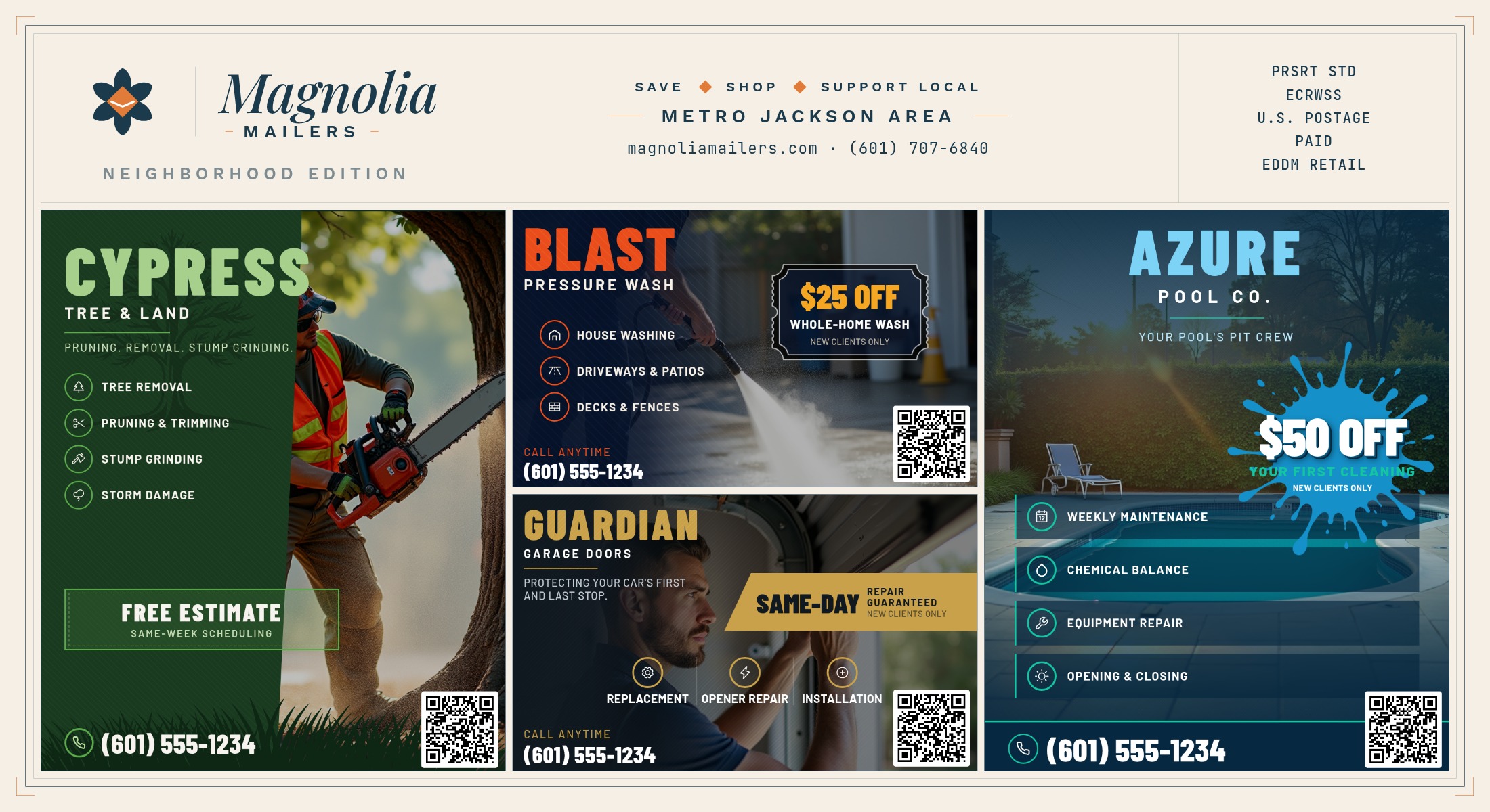 Sample Magnolia Mailers card showing local business ads