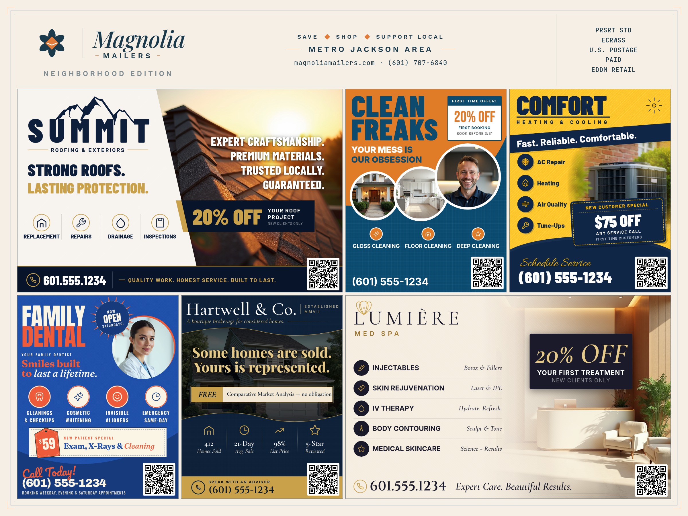 Sample Magnolia Mailers card showing local business ads